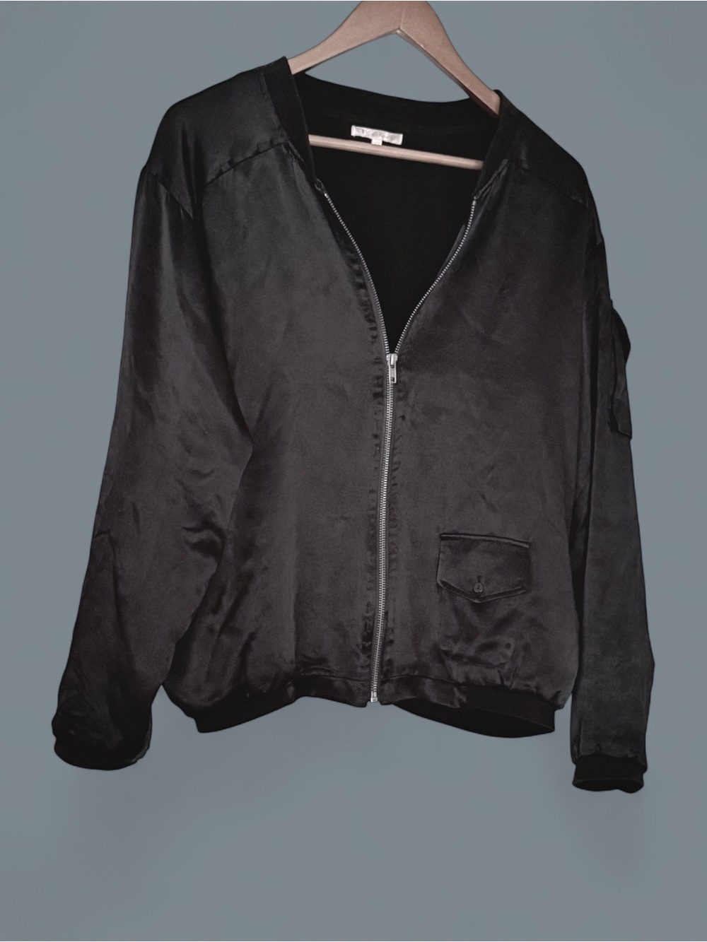 Gold Hawk Designer Black Satin Utility Bomber Jacket ~ Viscose / Rayon ~ Sz XS
